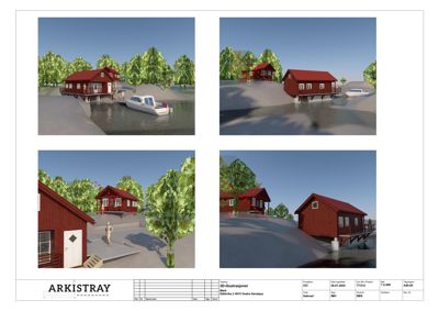 Bildet viser fire 3D-visualiseringer (renderinger) av en rød hytte på stolper ved vannet, sett fra ulike vinkler.