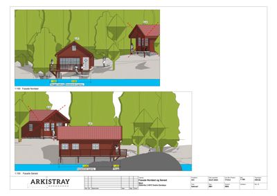 Fasadetegning som viser bygningens utseende fra nordøst og sørøst, inkludert mål og terrengforhold.
