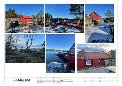 En samling av seks foton som viser en rød hytte i ulike vinkler og omgivelser, inkludert snø og is.