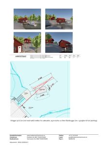 Situasjonsplan som viser bygningens plassering i forhold til vann, plattformer og en flytebrygge, med målinger og en tekstforklaring om utbyggingsforhold.