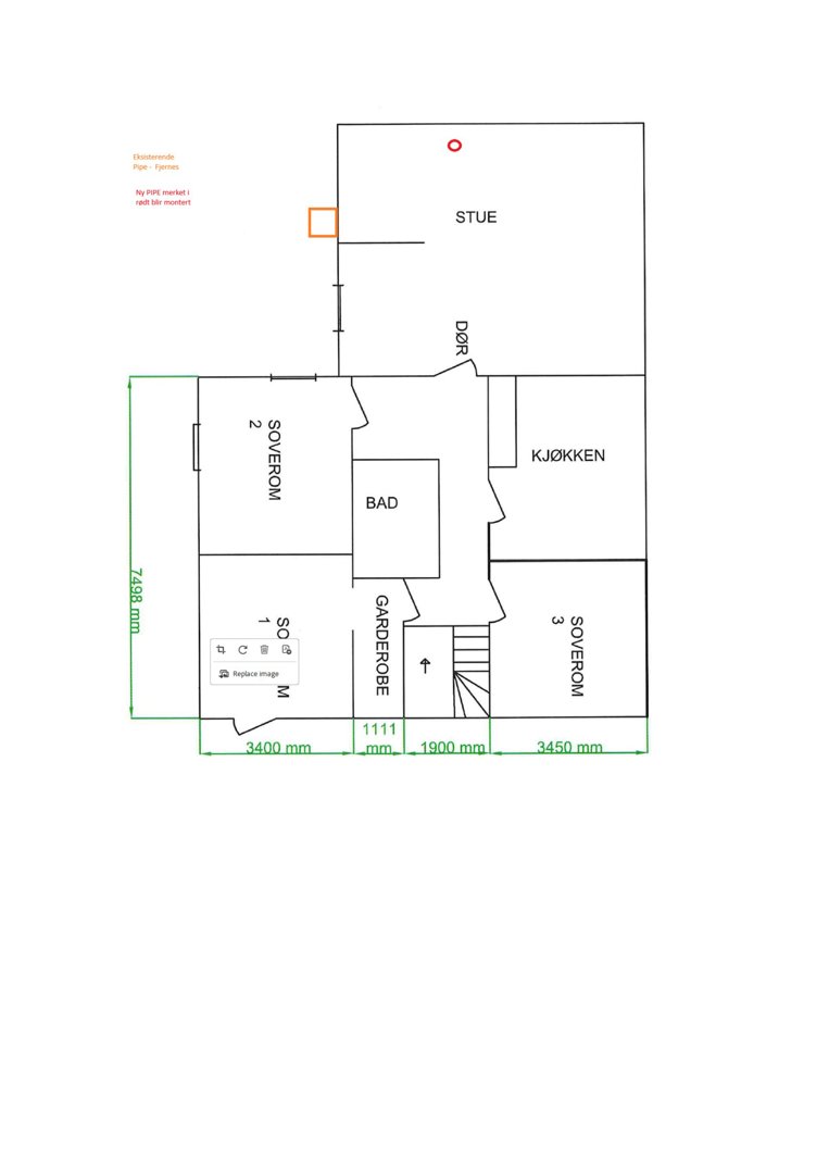 Etasjeplan som viser romfordeling (stue, soverom, kjøkken, bad) og dimensjoner for en bolig.