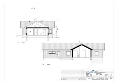 Snittegning (Snitt A og Snitt B) som viser tverrsnittet av en bygning med mål og detaljer.