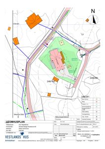 Situasjonsplan (tomteplan) som viser bygningens plassering på tomten i forhold til nabogranser og veier.