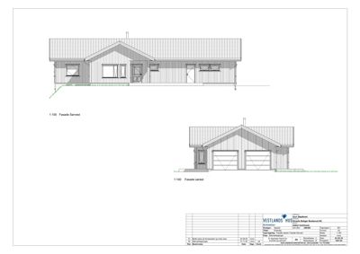 Bildet viser to fasadetegninger (fra vest og sørøst) av en bolig med stuehus og garasje.
