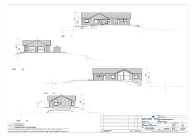 Fasadetegning med oppriss av bygning sett fra flere vinkler (1-1, 2-2, 3-3, 4-4) med mål og skråsnitt.