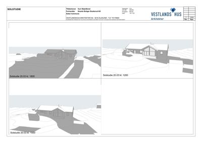 Solstudie tegning som viser bygningens orientering i forhold til solens posisjon på ulike tidspunkter.