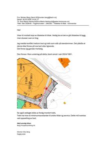 Situasjonsplan som viser eiendomsgrenser, høydeforhold (BFS), veier og plassering av bygninger.
