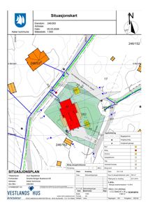 Situasjonsplan som viser eiendomsnummer, adresse, datum, målestokk, naboeiendommer, veggrenser og byggegrenser for et prosjekt.