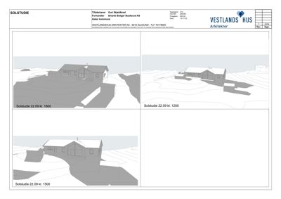 Bildet viser en 3D-visualisering av en hytte med solstudier (solstråling) for å vise hvordan solen treffer huset på ulike tidspunkter.