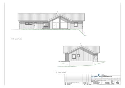 Tegning som viser fasadeoppriks for en bolig sett fra Nordøst og Nordvest.