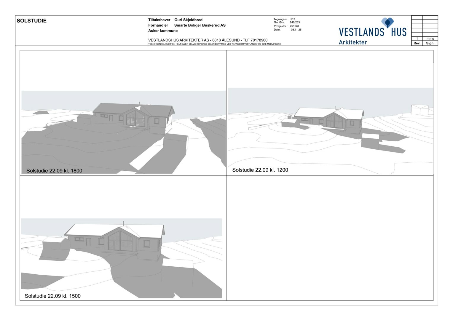 3D-visualisering av en hytte sett fra ulike høyder (kl. 1200, 1500, 1800) for solstudie.
