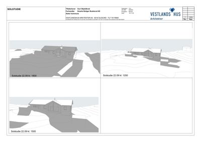 3D-visualisering av en hytte sett fra ulike høyder (kl. 1200, 1500, 1800) for solstudie.