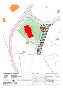 Situasjonsplan som viser bygningens plassering i forhold til vei og naboeiendom, med beregninger for areal og utnyttelse.