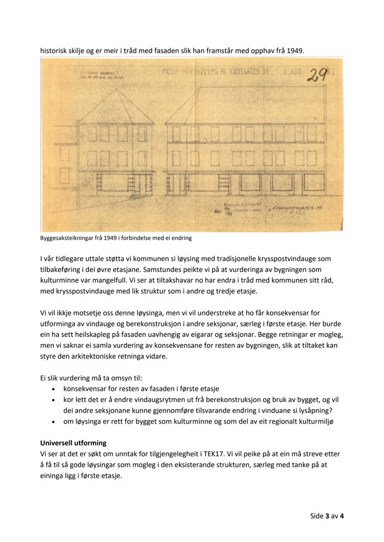 Fotografi av en historisk byggesakstegning (skisse) fra 1949 som viser fasaden til et hus.