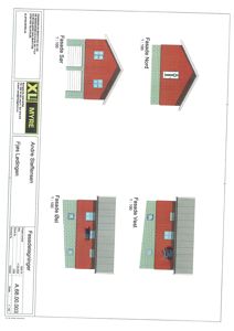 Fasadetegning som viser oppriss av bygningens fire sider (Nord, Sør, Øst, Vest) med detaljer om vinduer, tak og fasadematerialer.