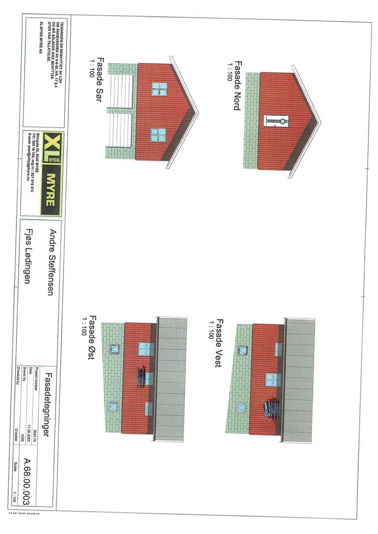 Fasade tegning som viser bygningens utseende fra fire sider (Nord, Sør, Øst, Vest) med skala 1:100.