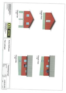 Fasade tegning som viser bygningens utseende fra fire sider (Nord, Sør, Øst, Vest) med skala 1:100.