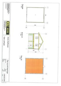 Tegning som viser etasjeplan (Plan 02) og snitt (Snitt A-A) for en garasje, med mål og romfordeling.