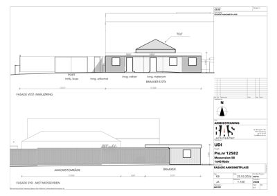 Fasadetegning som viser utsiden av en bygning (brakker) sett fra vest og syd, med mål og detaljer om innganger og tak.