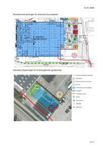 Bildet viser to tegninger som illustrerer eksisterende og planlagte løsninger for ankomst til et prosjekt. Øverste del er en situasjonsplan med bygning og veier, mens nederste del er en detaljert situasjonsplan med flyfoto som viser anleggsområder, nye porter og tilpasninger for gående og kjørende.