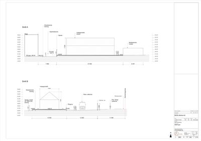 Snittegning (Snitt A og Snitt B) som viser bygningens høydeprofil, terrengforhold og konstruksjonshøyder.