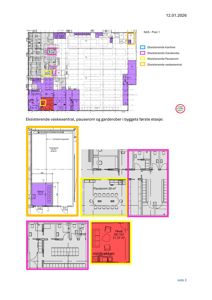 Etasjeplan for byggets første etasje som viser eksisterende vaskesentral, pauserom og garderobe.