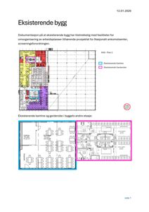 Bildet viser etasjeplaner (NAS - Plan 2) for eksisterende bygg, med fargete områder som markerer kantine og garderobe.
