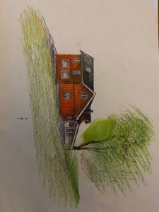 En håndtegnet illustrasjon (rendering) av en hytte sett fra siden, med farger for å vise fasade og omgivelser.