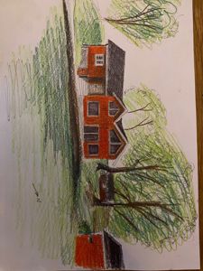 En håndtegnet illustrasjon (rendering) av en rødbrun villa sett fra siden, med omgivende trær og terreng.