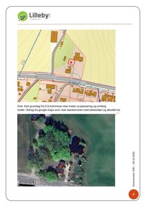 Bildet viser to kartutsnitt: øverst et kartgrunnlag fra S.Fj Kommune som viser eiendomsområde og plassering, nederst et Google Maps-utsnitt med eiendom og tre. Begge viser tomt og bygningsplassering.