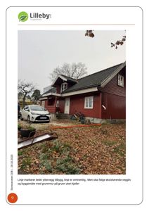 Fotografi av en rød trehus med en markert linje for en planlagt yttervegg.