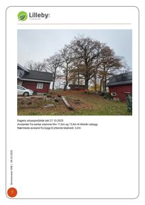 Fotografi av dagens situasjon med eksisterende bygninger og trær, med overlagte målinger.