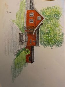 En håndtegnet illustrasjon (rendering) av en rødbrun bygning sett fra siden, med bil og trær.