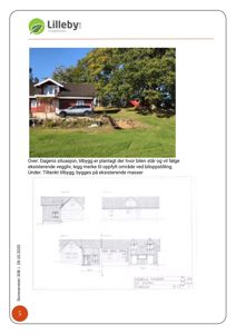 Bildet viser en fasadetegning (opprikk) av en bygning. Øverst er det et fotografi av dagens situasjon, og under er det en tegning som illustrerer den planlagte fasaden.