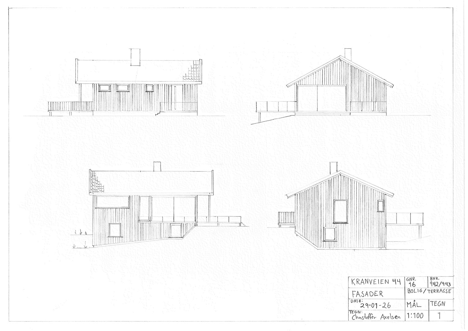 Fasadetegning som viser bygningens utsyn fra fire ulike vinkler (front, side, bak og annen side).