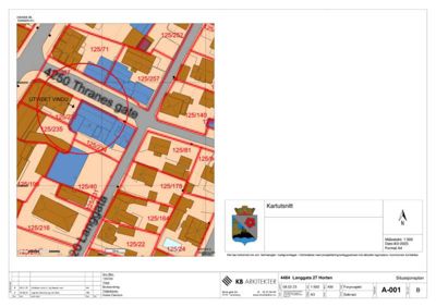 Situasjonsplan (kartutsnitt) som viser eiendomsnummer, bygningstilhørighet og arealforhold i området.