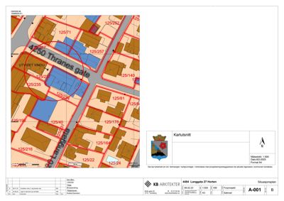 Situasjonsplan (kartutsnitt) som viser eiendomsnummer, bygningstilhørighet og arealforhold i området.