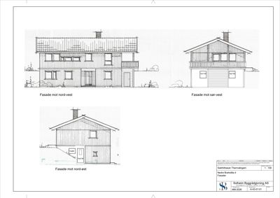 Fasadetegning som viser tre ulike vinkler på en bygning (Nord-Vest, Sør-Vest og Nord-Øst).
