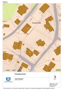 Situasjonskart som viser tomtens beliggenhet i forhold til nabolag, veier og topografi.