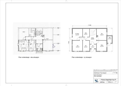 Bildet viser to plantegninger av en bolig (underetasje), én eksisterende situasjon og én ny planlagt situasjon, med romnavn og areal.