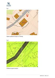 Bildet viser en side fra et dokument som inneholder to kartfigurer: Fig 1 er en situasjonskart med nabolagsoversikt, og Fig 2 er en regulert situasjonsplan (topografisk kart). Begge er nyttige for å forstå bygningens plassering.