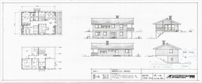 Bildet viser en tegning med etasjeplaner (romfordeling) til venstre og fasadeopprikk (utsikt fra siden) til høyre.