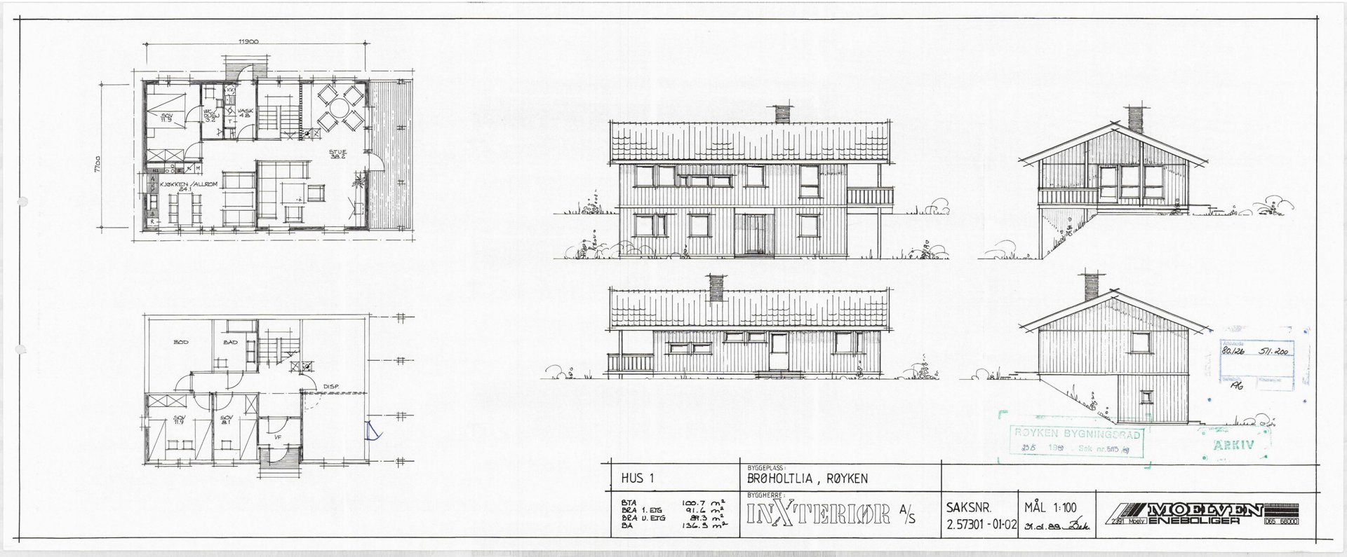 Bildet viser en tegning med fasadeopprikk (fra front og side) samt etasjeplaner for en bolig.