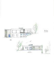 Fasadetegning som viser bygningens utseende fra to sider (sør og nord/adkomst). Tegningen er håndtegnet med farge og viser arkitektoniske detaljer.