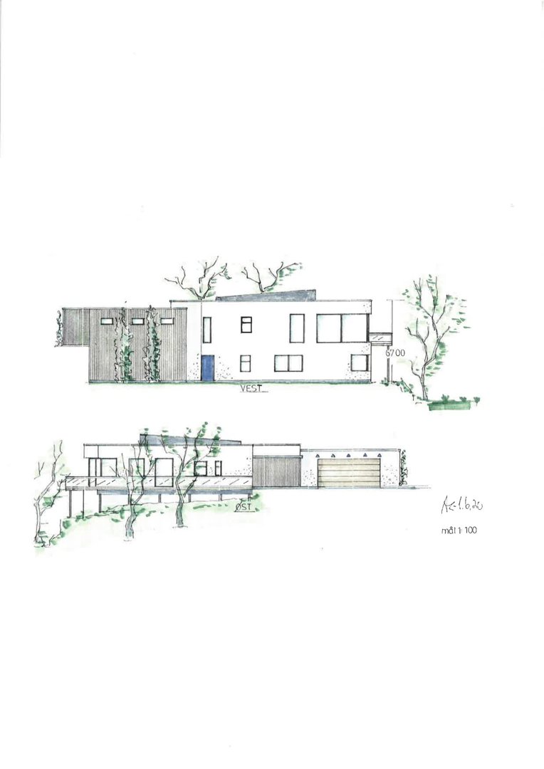 Fasadetegning (opprikk) av en bygning sett fra vest og øst, illustrert med håndtegnede detaljer.