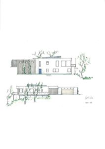 Fasadetegning (opprikk) av en bygning sett fra vest og øst, illustrert med håndtegnede detaljer.