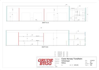Bildet viser to snittegninger (SNITT A-A og SNITT B-B) av en bygning med mål og romfordeling.