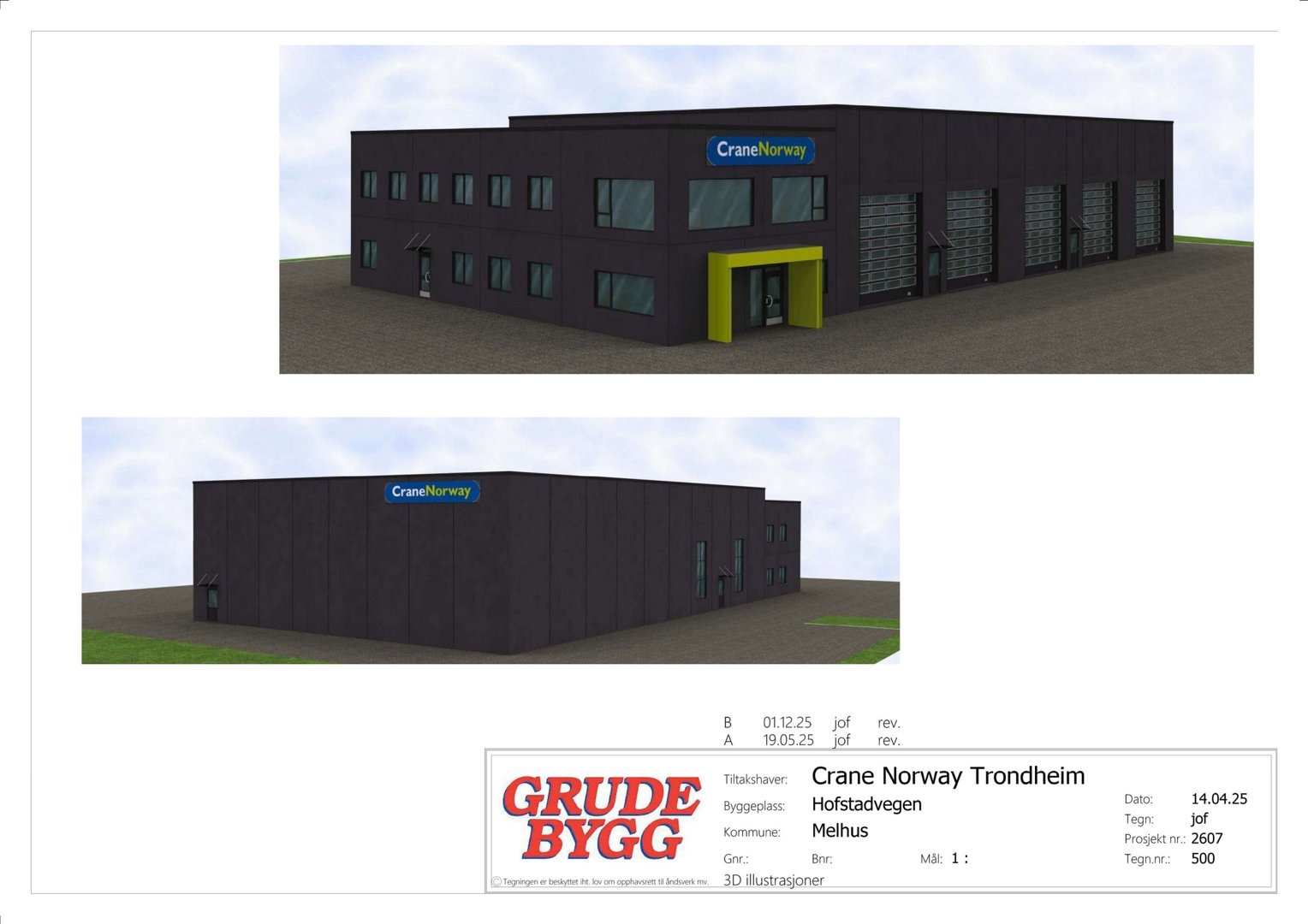 3D-visualisering av en planlagt bygning med fasade og inngangsdetaljer.