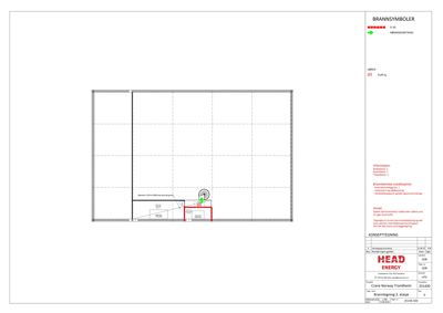 Etasjeplan eller romfordeling med brannsymboler og tekniske merknader
