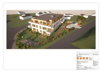 3D-visualisering (rendering) av et planlagt byggprosjekt med omgivelsene, inkludert parkering og nabolag.